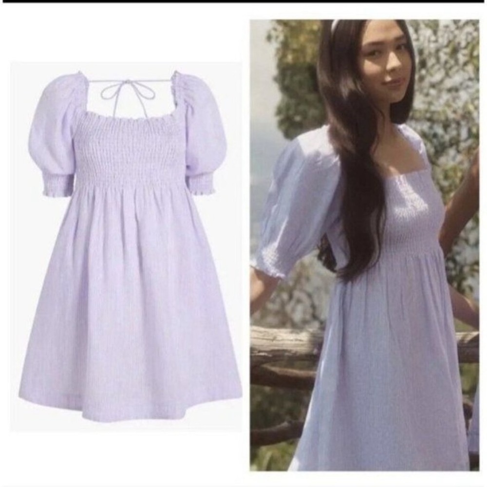Hill House Athena Nap Dress Linen Lilac Stripe Puff-sleeve Smocked, Med - Picture 1 of 8